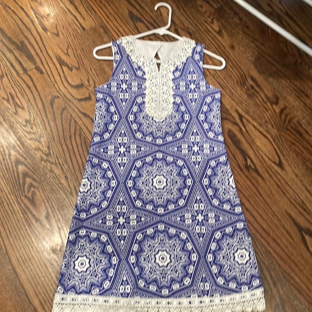 Girls size 14 blue and white dress. Beautiful. Sleeveless fully lined.